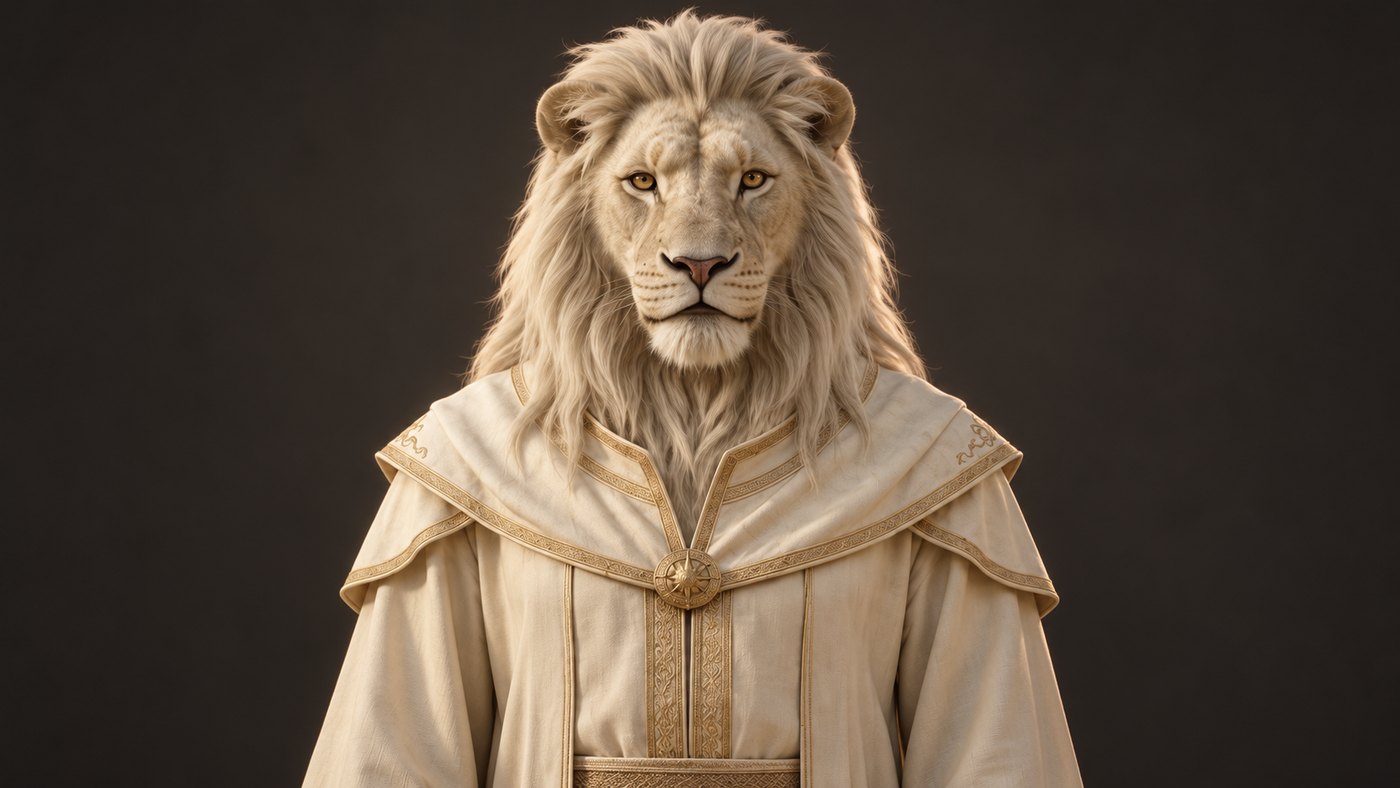 Aurelion Vael, a pale-maned lion archivist in a cream robe with gold trim