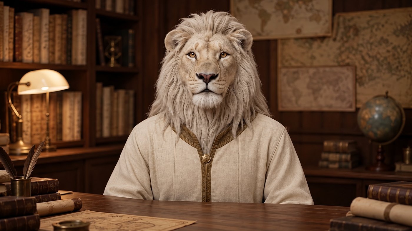 Aurelion Vael, a pale-maned lion archivist, seated at his desk in the archive study