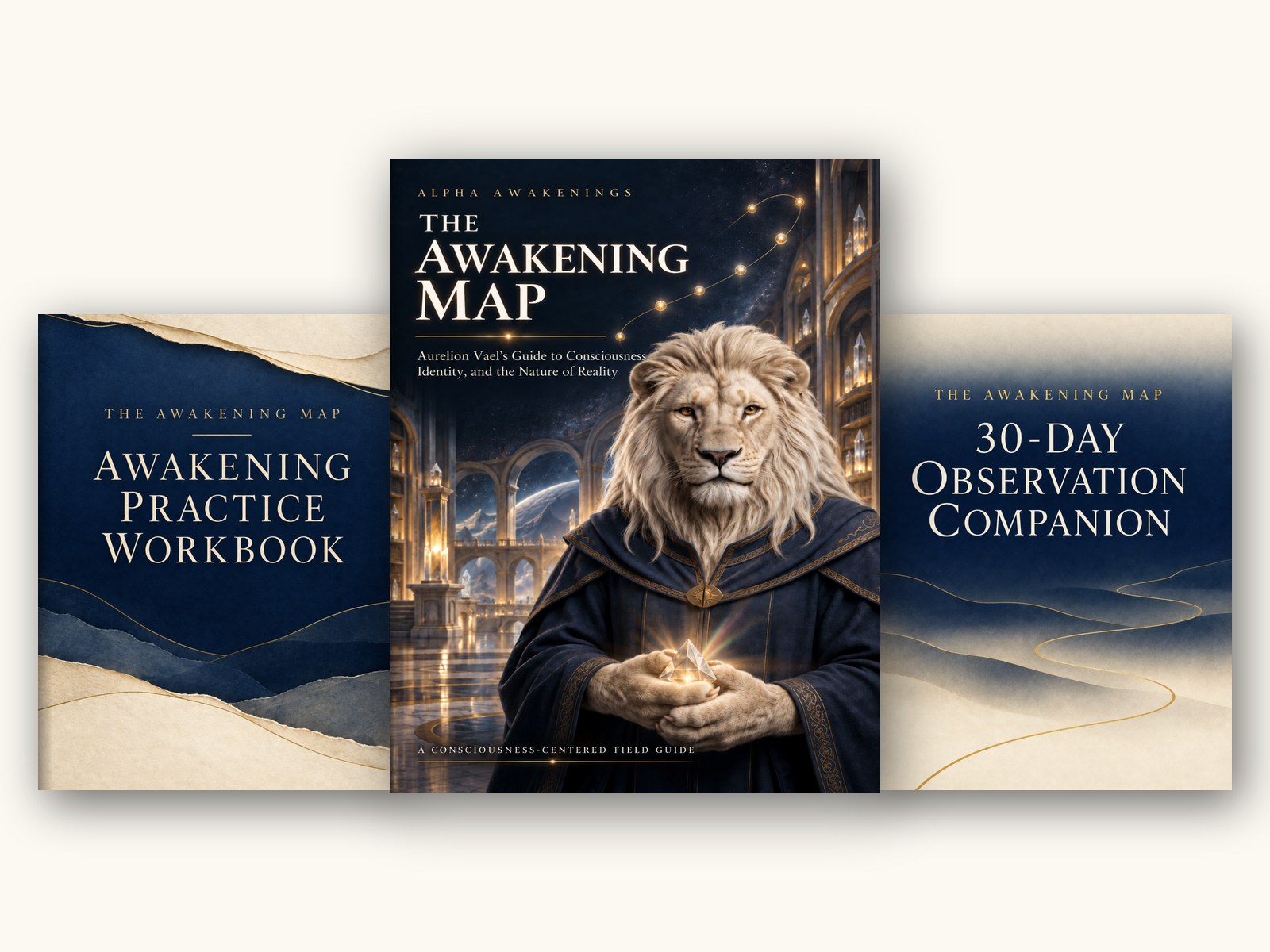The three covers: The Awakening Map, the Awakening Practice Workbook and the 30-Day Observation Companion